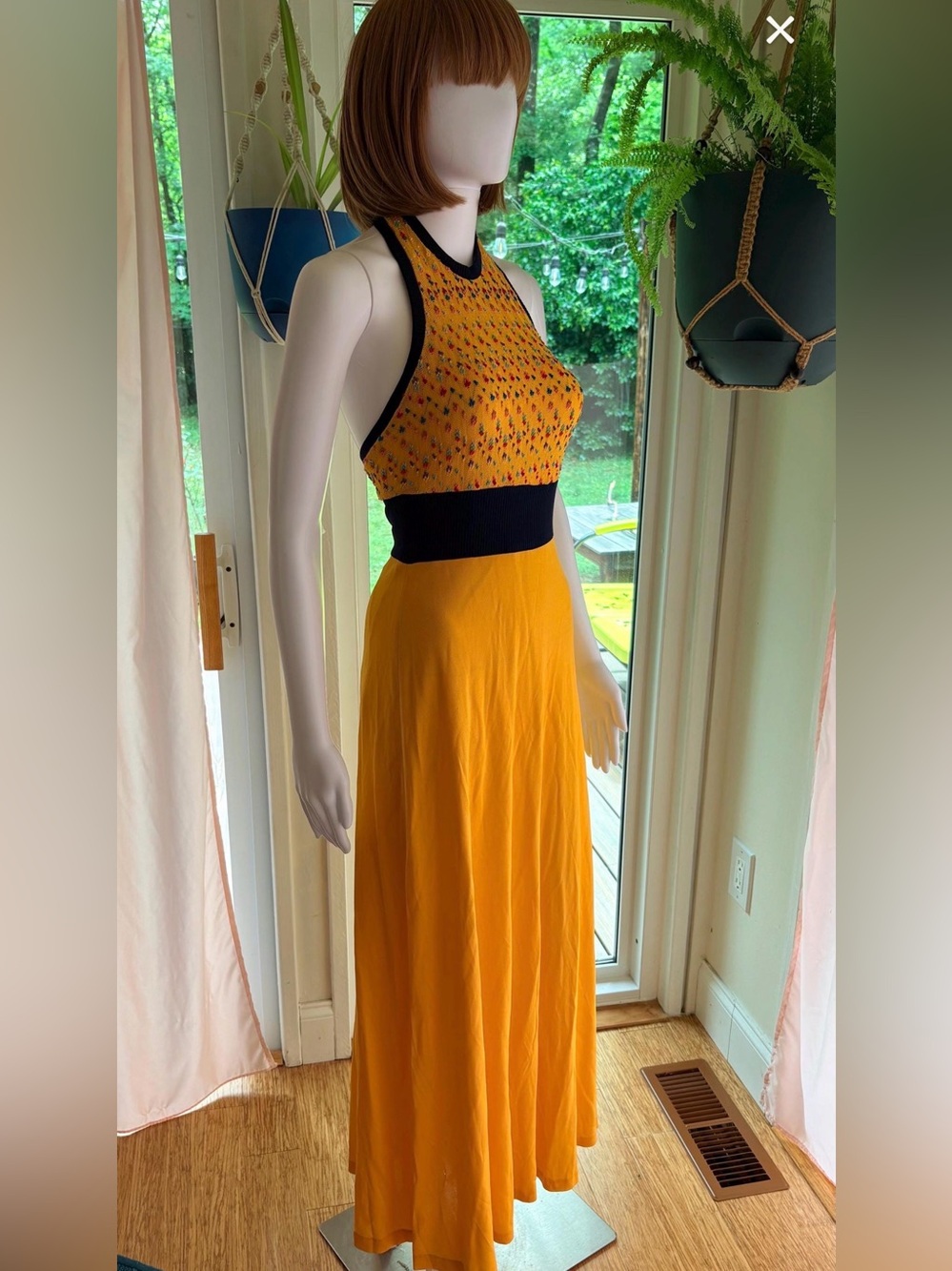 Vintage Young Edwardian by Arpeja yellow confetti knit Maxi Halter Dress